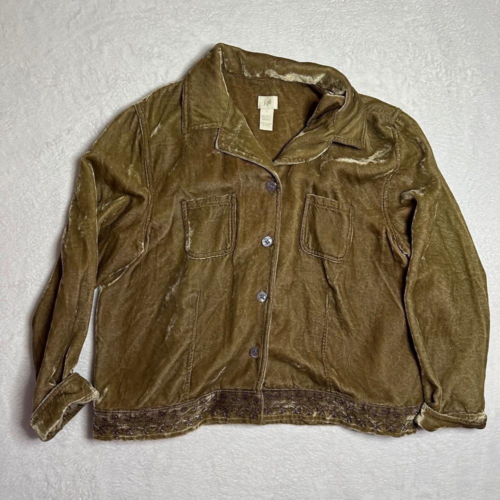 J. Jill Womens Large Gold Velvet Floral Embroidered Button Front Jacket Y2K Boho